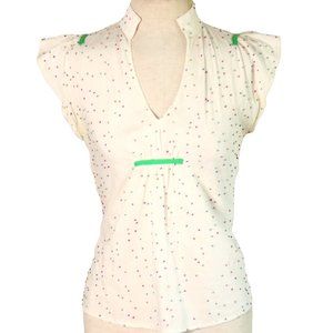 Diane Von Furstenberg Flutter Sleeve Pompom Blouse Swiss Dot Vintage Boutique